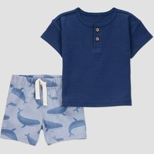 Carter's Boys Whale Print Outfit Shorts Henley Set Blue Summer NEW 18 Months